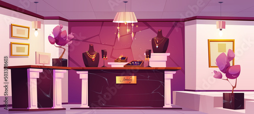 Jewelry shop interior with gold necklaces and chains on mannequins, rings with diamonds and earrings. Vector cartoon illustration of luxury store with golden jewellery, marble counter and cashbox