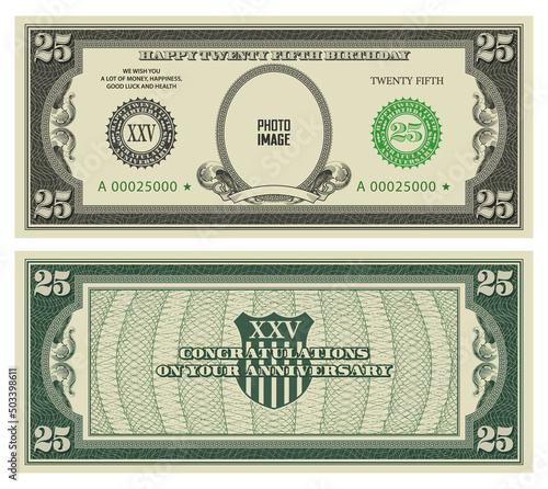 Vector sample of a greeting card with twenty-five years anniversary in the form of vintage US dollars. Congratulations on the 25th birthday. Empty oval and ribbon. Your photo
