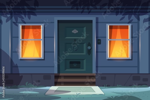 Night house front. Cartoon country house exterior with door porch windows and night lights. Vector town building entrance scene