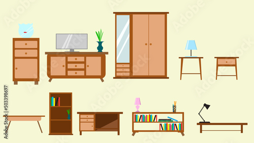set of furniture table bookshelf vector