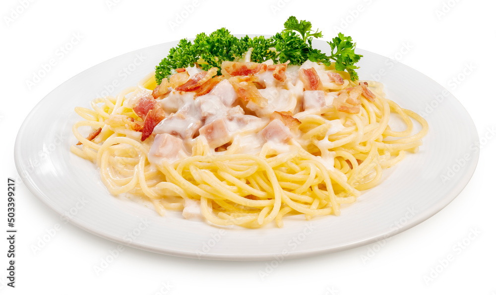 Spaghetti carbonara isolated on white background, Spaghetti carbonara with Crispy Bacon and Ham on white With clipping path.