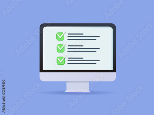 Assignment icon. Сomputer screen, checklist, document symbol. 3d vector illustration. Online exam, checklist, taking test, choosing answer, questionnaire form, education concept, vector illustration