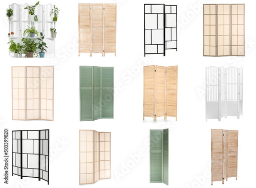 Set of different folding screens isolated on white