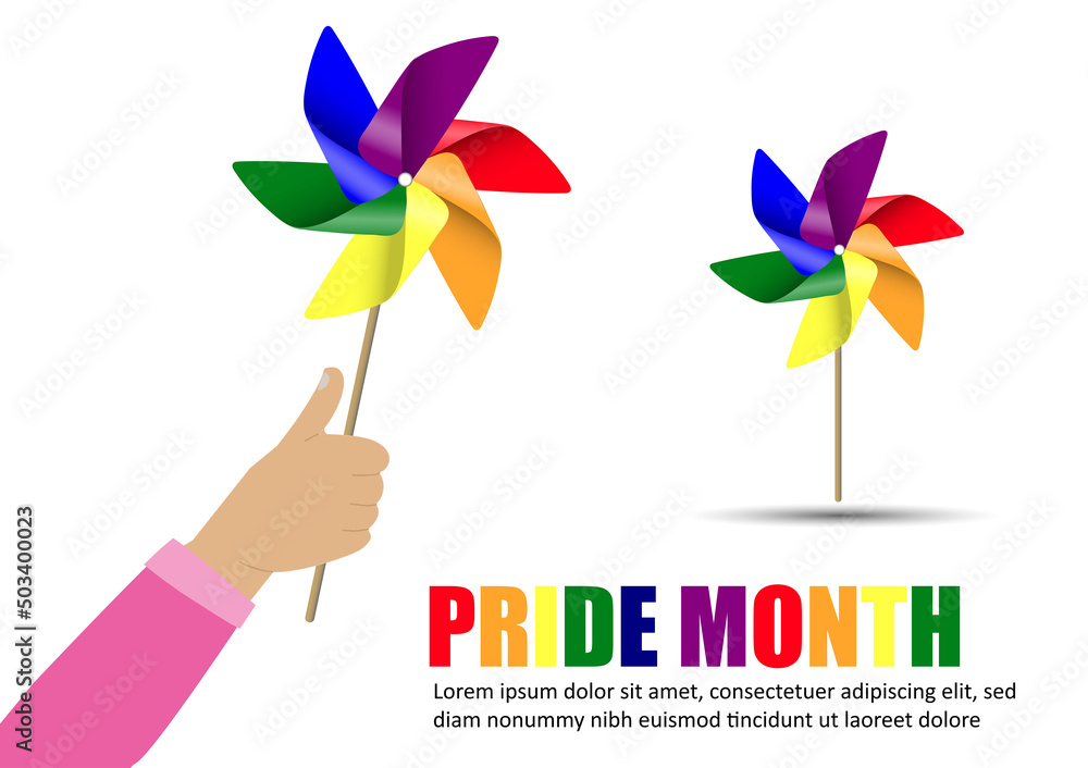 hand holding windmill pride rainbow flag color on white background, pride month hand holding windmill pride rainbow flag color on white background, pride month
