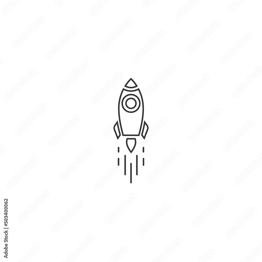 Outline rocket ship with fire. Isolated on white. Flat line icon. Vector illustration with flying rocket. Outline rocket ship with fire. Isolated on white. Flat line icon. Vector illustration with flying rocket.