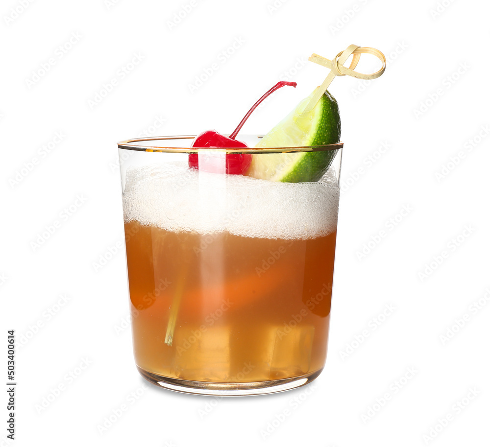Glass of delicious whiskey sour cocktail decorated with cherry and slice of lime on white background Glass of delicious whiskey sour cocktail decorated with cherry and slice of lime on white background