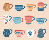 Set of various tea cups. Cute dishes different shapes and ornaments. Hand drawn color vector illustration isolated on beige background. Modern flat cartoon style.