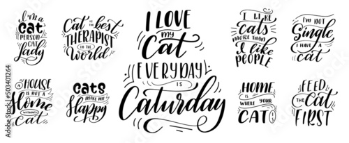 Bundle of Kitten lettering quotes for design. Pet phrase on white isolated background. Hand drawn brush ink vector calligraphy illustration