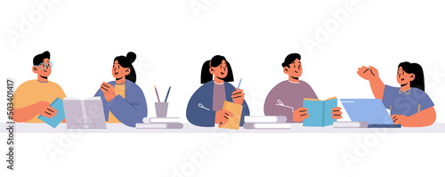 Students, school children study together, reading books and learning. Vector flat illustration of happy kids, primary school pupils sitting at table in education class or library