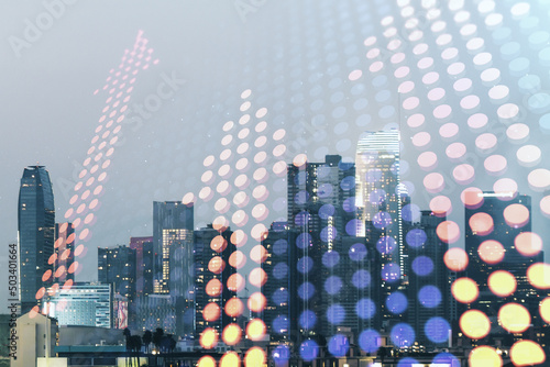 Double exposure of abstract virtual upward arrows hologram on Los Angeles city skyscrapers background. Ambition and challenge concept photo