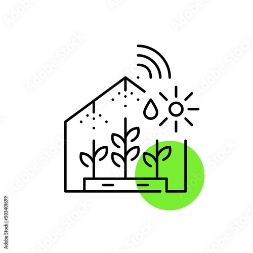 Smart farming greenhouse with automatic humidity and temperature control. Pixel perfect, editable stroke icons