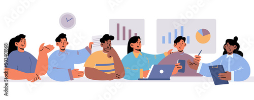 Diverse people meeting in office conference room. Concept of communication in team. Vector flat illustration of men and women company workers talk and discuss together