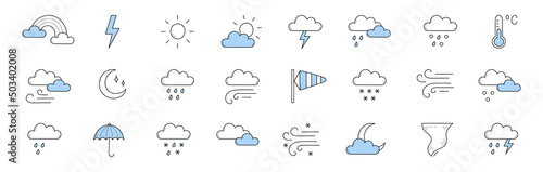 Meteorology icons, weather forecast signs with sun, moon, clouds, lightning, rainbow, thermometer and umbrella. Vector doodle set of rain, snow, tornado, wind storm, overcast and blizzard