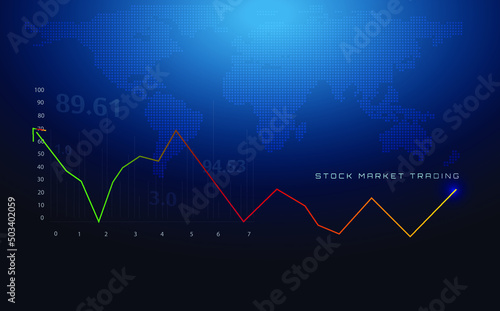 Stock market chart on world map background. Forex trading graph in graphic concept with candle stick graph chart and numbers, for financial investment and economic trends business, logo idea.