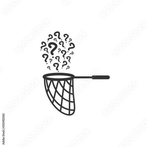 Butterfly net with questions. Catch, hunt, chase symbol. Vector illustration isolated on white background.