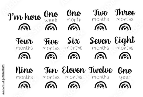 Baby monthly milestone, rainbow. Birthday monogram isolated