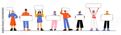 Different people with white banners and placards. Vector flat illustration of multiracial and multicultural group of characters with blank posters. African american, arab girls and men, lgbt person