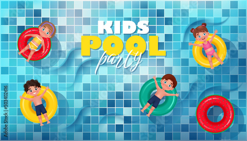 Kids Pool Party banner with happy children swimming on the rubber ring. Vector illustration in 3D cartoon style