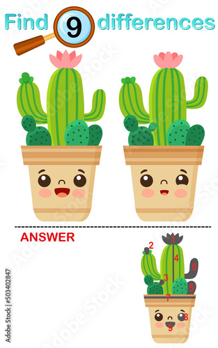 Logical game for children education. Find the differences in the picture. Cute kawaii cactus in flower pot