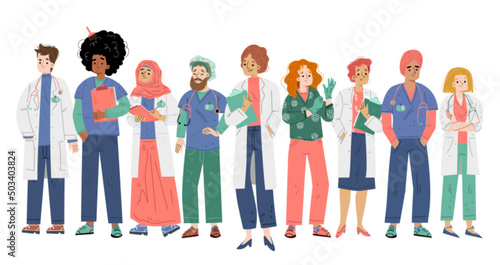 Doctors and nurses team. Diverse people in medical uniform with stethoscope and clipboard. Vector flat illustration of professional workers in health clinic, hospital or medicine center