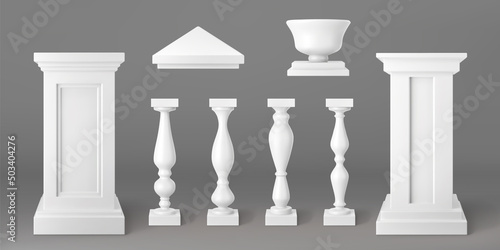 Architecture elements of balustrade for balcony, terrace, parapet. Vector realistic set of 3d white stone or marble pillars, columns, baluster, handrail and base of classic ancient fence
