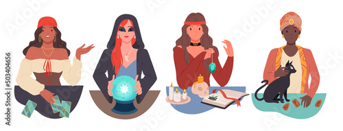 Fortune tellers predict future set vector illustration. Cartoon female clairvoyant character telling destiny in crystal ball, gypsy woman reading tarot cards isolated on white. Fate, mystery concept
