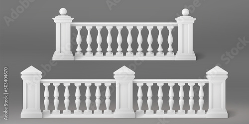 Canvas White stone or marble balustrades with pillars, columns, balusters and handrails