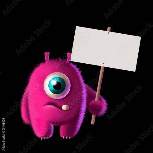 A funny pink highly detailed furry monster with one eye and a blank sign in its paw.