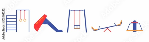 A set of icons for the designation of playground equipment. Items for children's entertainment and development. Outdoor games. Illustration in the style of flat geometric graphics