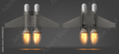 Jetpack with fire top and bottom view, isolated 3d vector device for flying. Jet pack futuristic mechanical turbo engine with wings, pilot aviation, super hero suit, realistic illustration