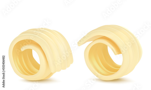 Butter curl 3d realistic vector illustration. Swirls of margarine or vegan vegetable spread, rolled creamy dairy product, set icon isolated on white background