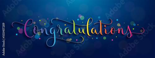 CONGRATULATIONS rainbow vector brush calligraphy greeting card with bokehs and stars on blue background