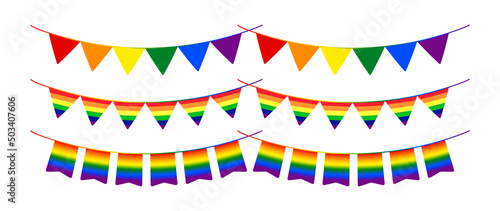 Set of flags party with rainbows color on white background. Bunting fancy flags triangular for decoration. LGBT pride flag, Rainbow garland flag. Vector illustration.