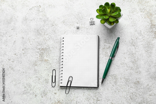 Notebook, succulent and pen...