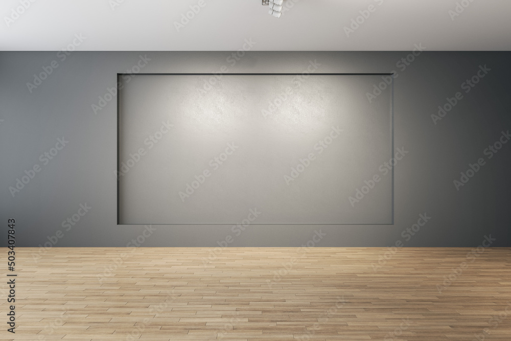 Modern empty concrete gallery interior with wooden flooring, mock up place on walls and daylight. Museum concept. 3D Rendering. Modern empty concrete gallery interior with wooden flooring, mock up place on walls and daylight. Museum concept. 3D Rendering.
