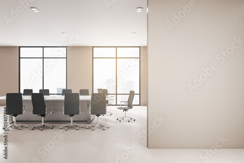 Modern meeting room interior with empty mock up place on wall, furniture, city view and daylight. 3D Rendering.