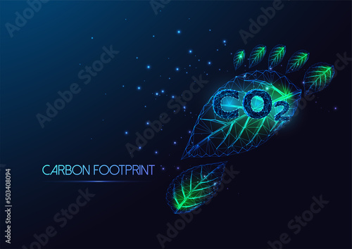 Futuristic carbon footprint reduction concept with glowing footprint made of leaves and CO2