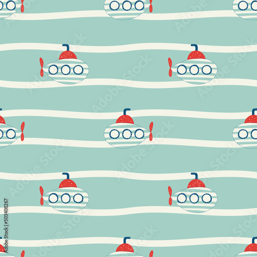 Vector hand drawn colored childish seamless repeat simple flat pattern with submarines in scandinavian style. Cute baby print. Pattern for children.