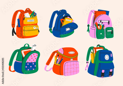 Set of various school backpack and schoolbag. Collection of colorful children bags with stationary, textbooks. Hand drawn vector illustration isolated on white background. Modern flat cartoon style.