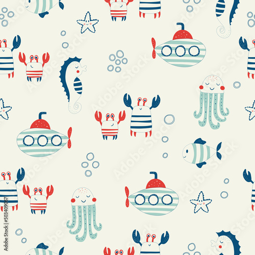Vector hand drawn colored childish seamless repeat simple flat pattern with crabs and submarines in scandinavian style. Cute baby animals. Pattern for children with crabs.