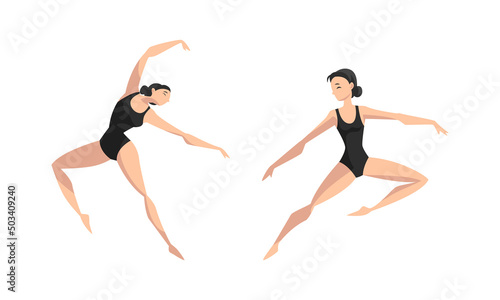 Female Ballet Dancer Dancing in Black Leotard Vector Set