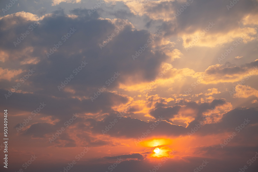 Dramatic stormy sky sunset. Natural atmospheric background.