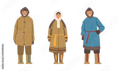 Eskimo Indigenous Man and Woman Character Wearing Traditional Warm Clothes Vector Set