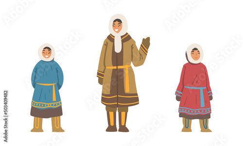 Eskimo Indigenous Woman and Kid Character Wearing Traditional Warm Clothes Vector Set