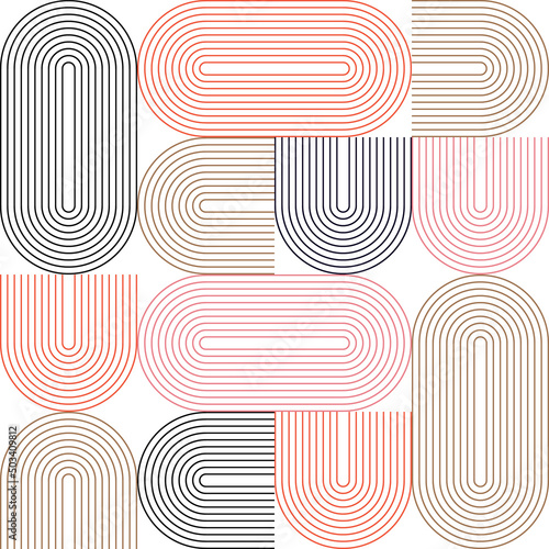 Modern vector abstract seamless geometric pattern with semicircles and circles in retro style. Pastel colored lines on white background. Minimalist illustration in Bauhaus style with simple shapes.