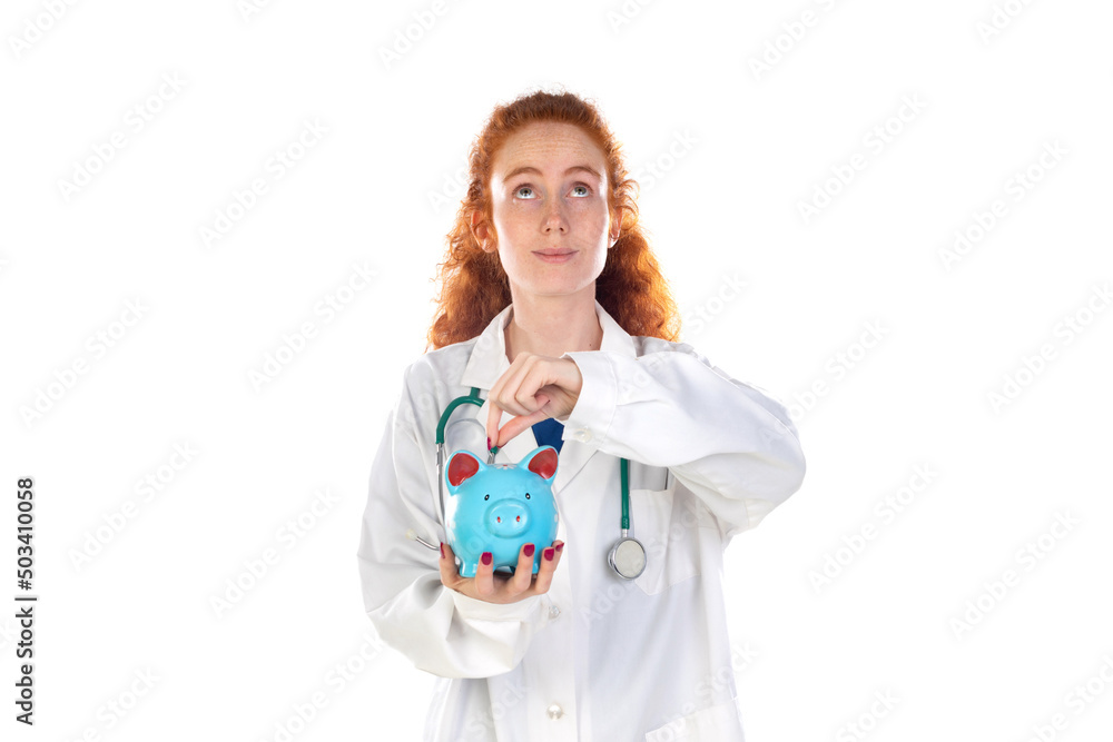 Cute redhead doctor in lab coat saving money Cute redhead doctor in lab coat saving money