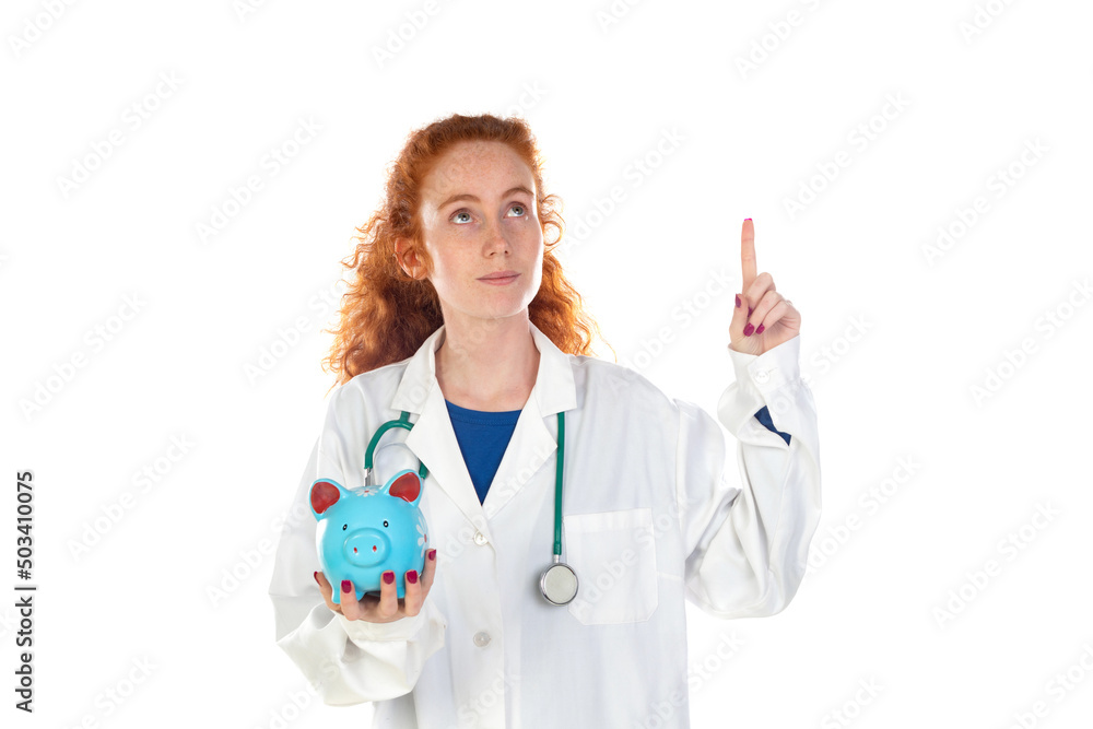 Cute redhead doctor in lab coat saving money Cute redhead doctor in lab coat saving money