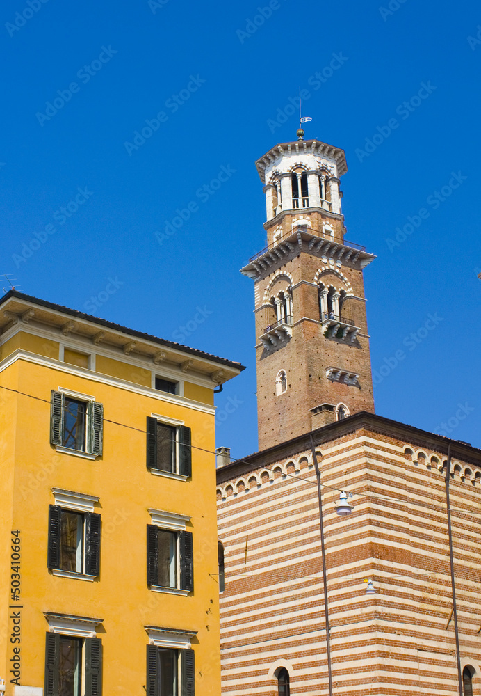 Lamberti Tower on the Piazza delle Erbe in Verona, Italy