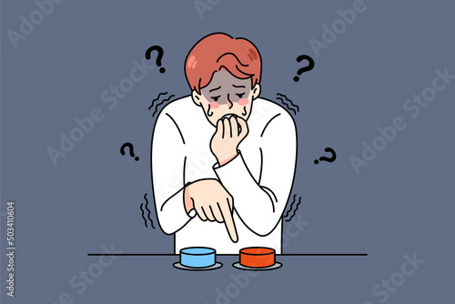 Distressed young man choose button to press feel confused and anxious. Stressed guy make choice between two options. Dilemma and alternative. Decision-making. Vector illustration. 