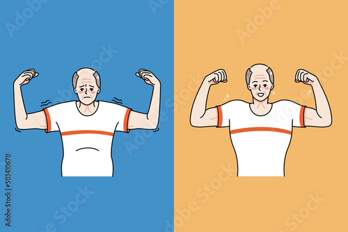 Old man before and after sport and physical activity. Weak and strong senior grandfather life change. Male pensioners show good results of exercise and workouts. Vector illustration. 